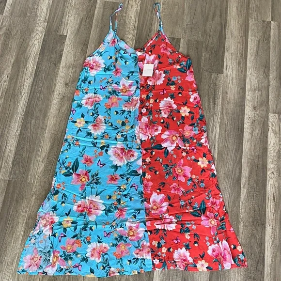 💛 Floral Midi Dress in Blue and Coral Bin J - Picture 2 of 4